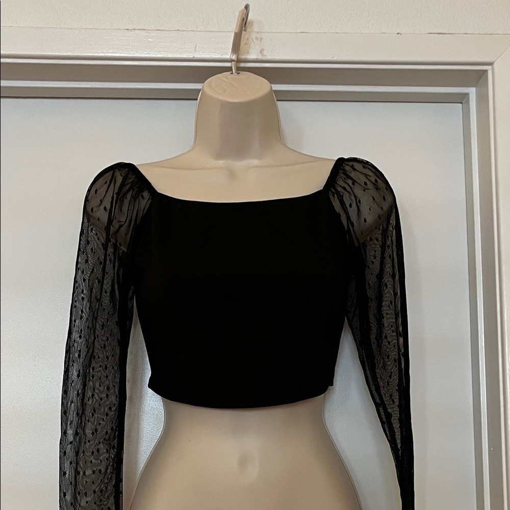 Boohoo Black Square Neck Sheer Puff Sleeve Crop Top